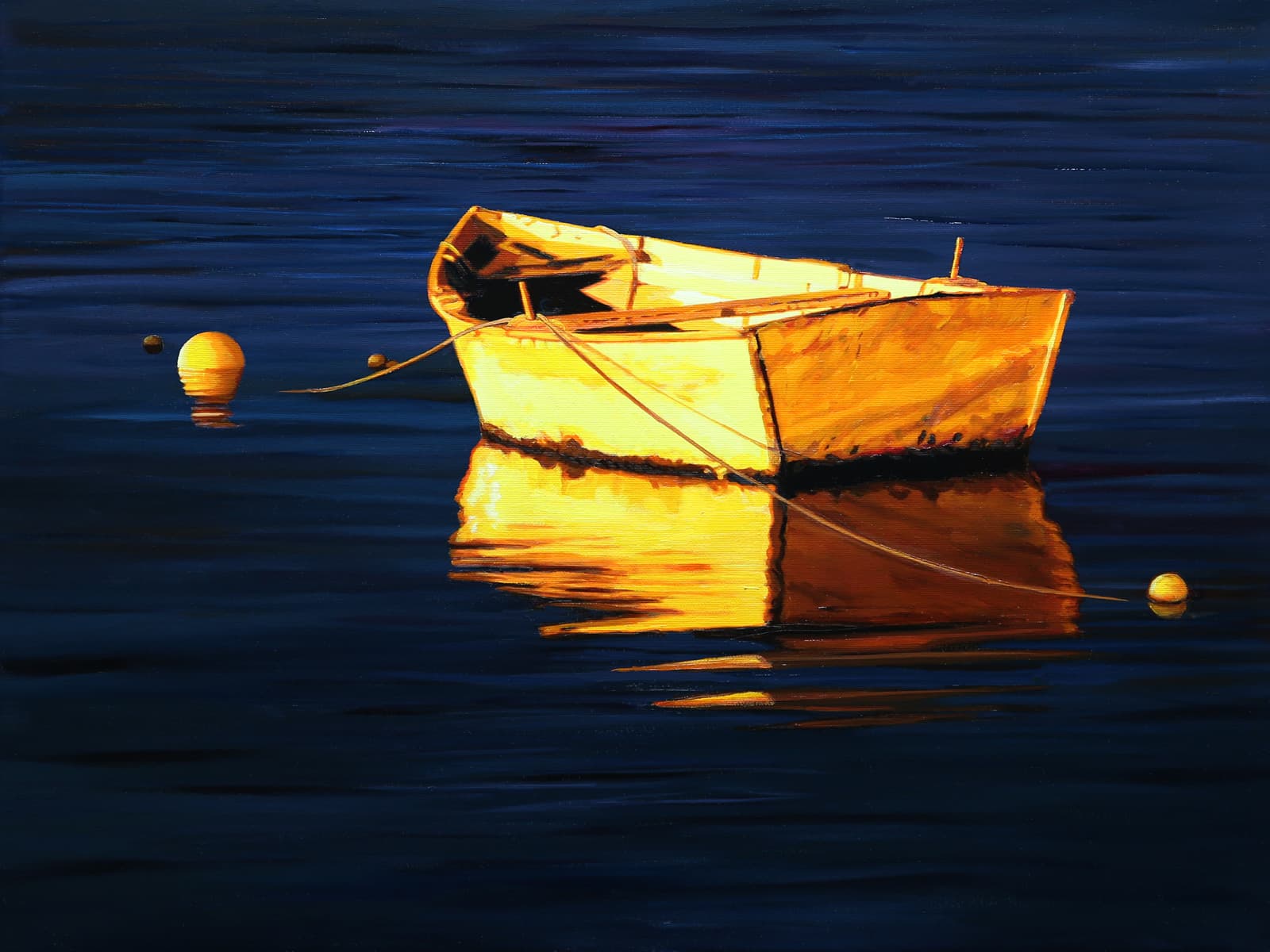 gold skiff with buoys